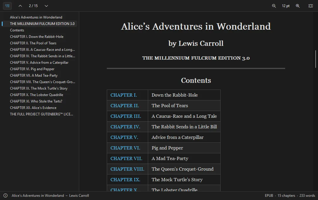 eReader zeigt ein EPUB-Buch mit Inhaltsverzeichnis
