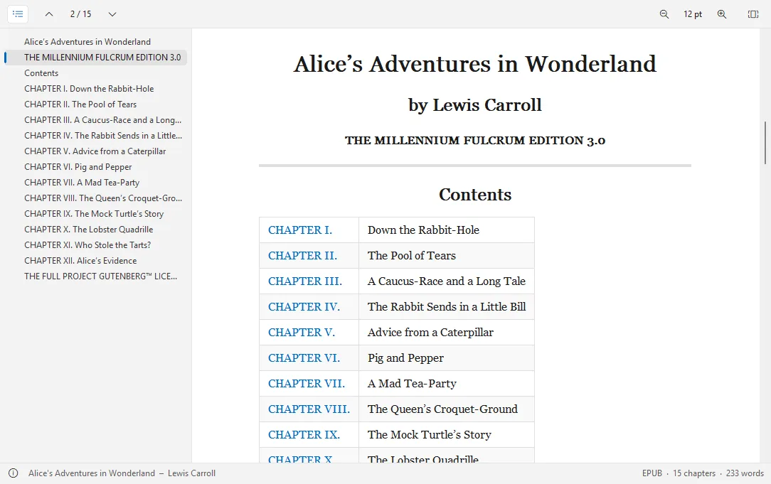 eReader zeigt ein EPUB-Buch mit Inhaltsverzeichnis