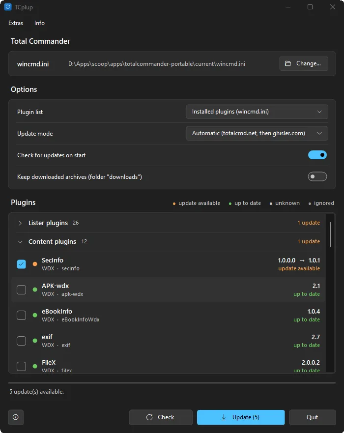 TCplup mit den Plugins einer Total-Commander-Installation, nach Typ gruppiert
