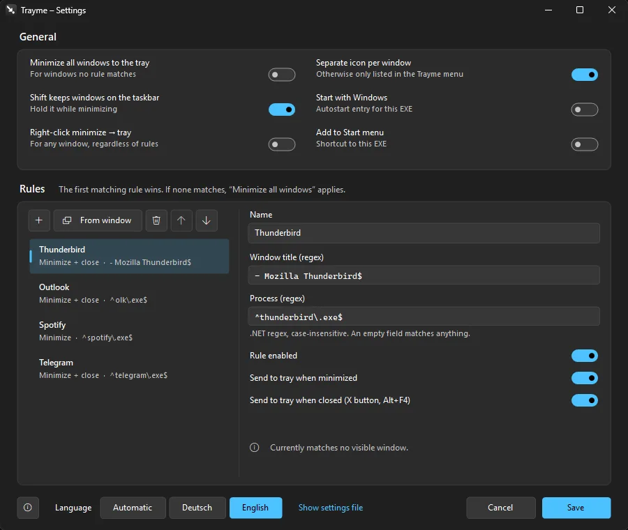 Trayme settings with rules