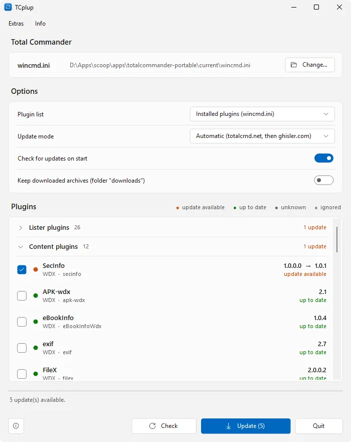 TCplup mit den Plugins einer Total-Commander-Installation, nach Typ gruppiert