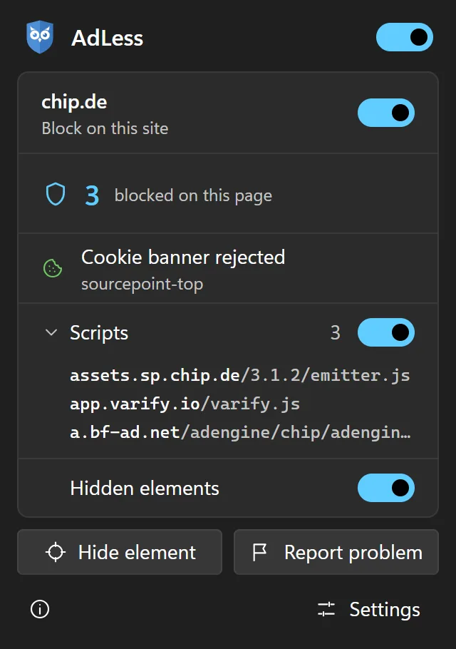 The AdLess popup: a rejected cookie banner and the blocked scripts