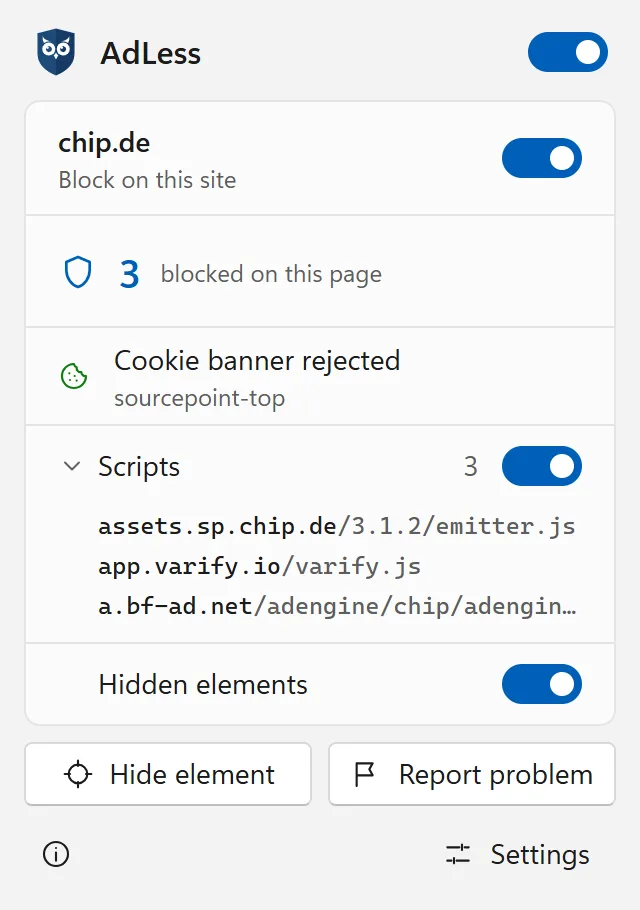 The AdLess popup: a rejected cookie banner and the blocked scripts