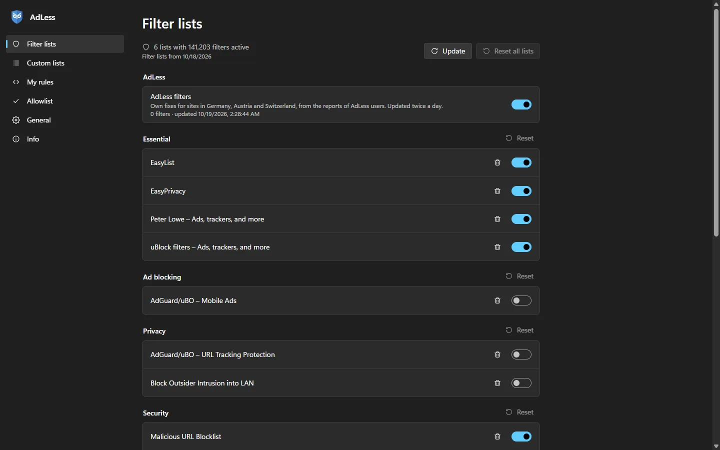 The filter lists in the AdLess settings