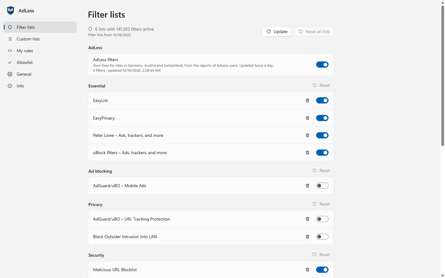 The filter lists in the AdLess settings