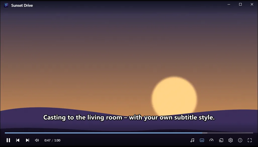 Kast playing a video with styled subtitles